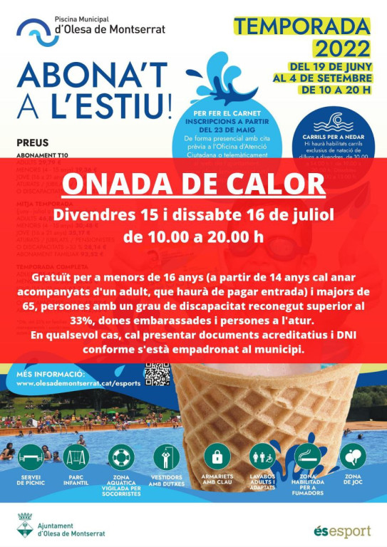 Cartell informatiu amb totes les dades referents a la gratuïtat de la piscina per l'onada de calor