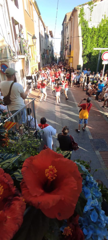 Ram de flors en primer pla i grupo de persones ballant sardanes