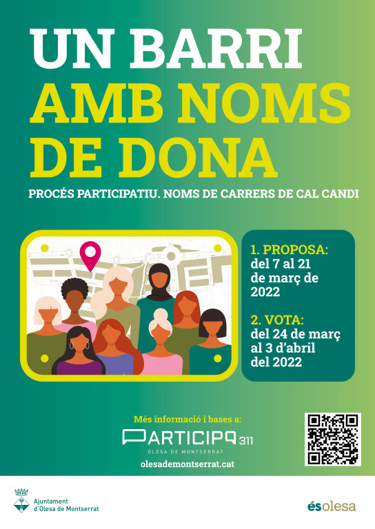 Cartell procés participatiu noms de dona als carrers de Cal Candi amb dates de proposta i votació