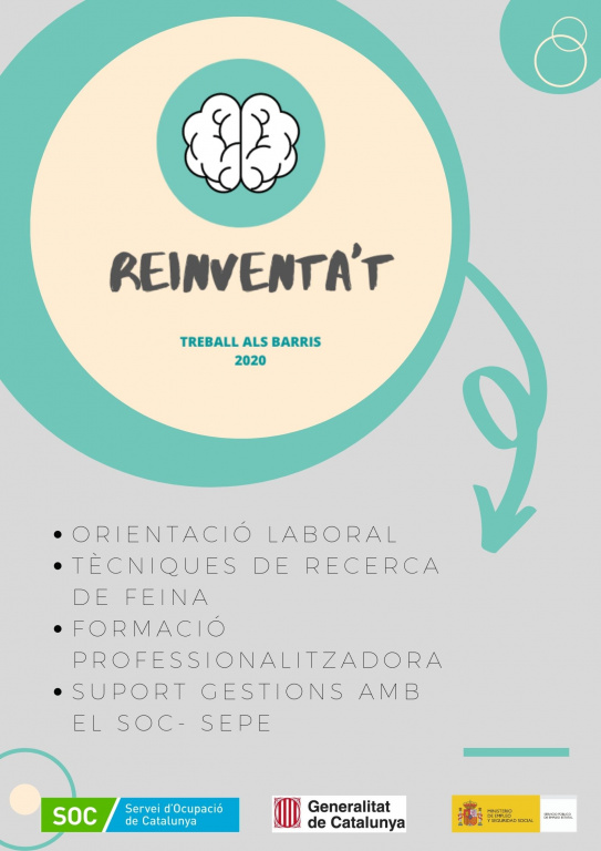 Cartell Reinventa't amb informació treball als barris 2020