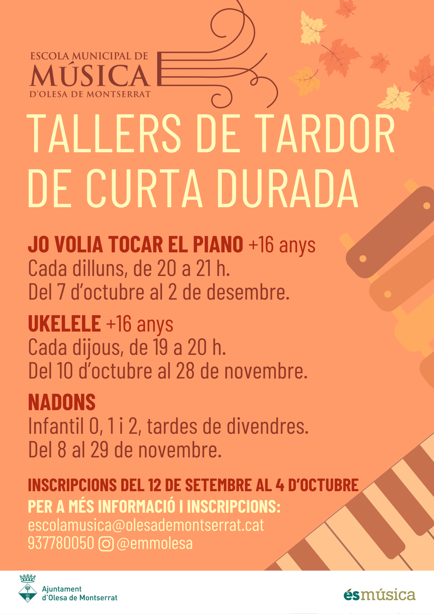 Cartell dels tallers de tardor de curta durada de l'Escola Municipal de Música 2024