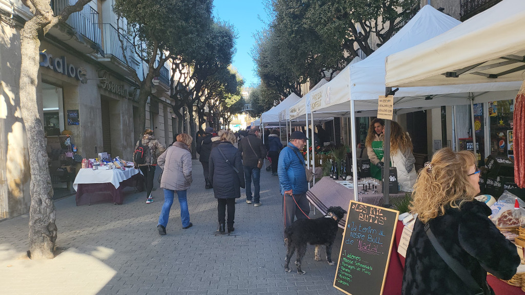 Persones passejant i comprant a les parades col·locades al carrer dels Arbres