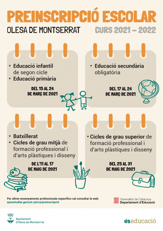 Cartell amb dades de preinscripció Educació infantil, secundària, Batxillerat i cicles de Graus mitjà i superior