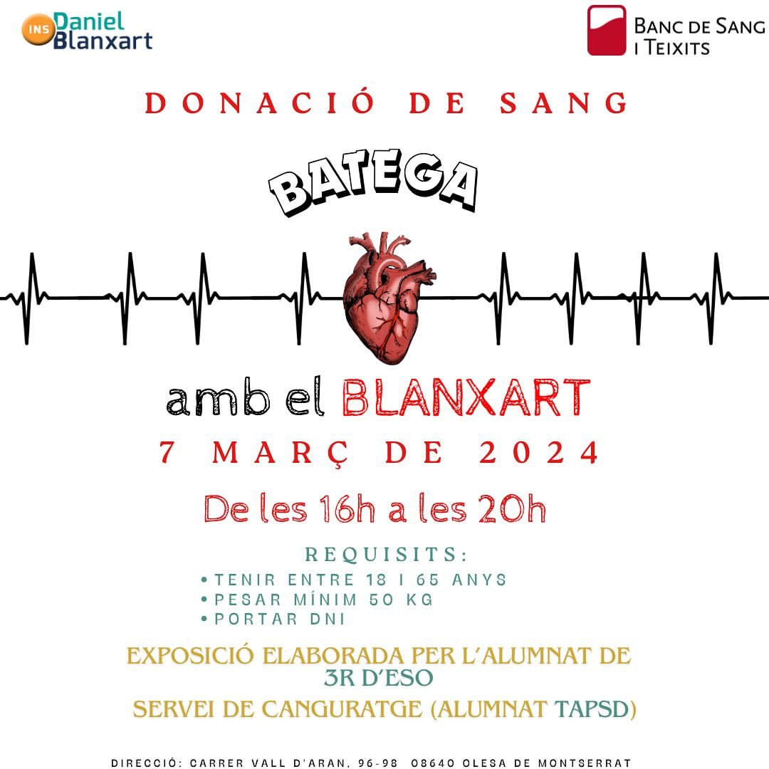 Cartell de la donació de sang a l'INS Daniel Blanxart